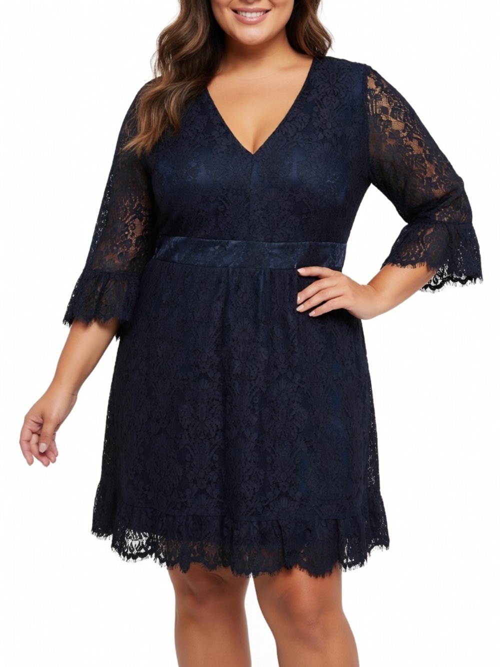 Modcloth Midnight Blue Lace Dress with bell sleeves 2x